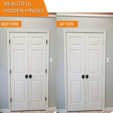 Before and after image showcasing Six Inch Hidden Door Hinges Rock Solid Zinc Alloy Concealed Hardware on white doors.