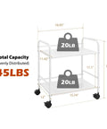 Sturdy White Two Tier Metal Rolling Utility Cart With Smooth Swivel Casters And Reinforced Steel Trays For Tight Quarters And Busy Desks, 45LBS capacity.