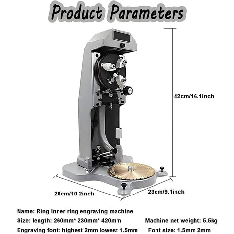 Professional Grade Double Sided Ring Engraver With High Precision Inner Stamping Dial And Smooth 360 Rotation, side view with size dimensions shown.