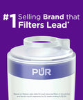 Top view of PUR Faucet Mount Replacement Water Filter Twin Pack For Lead Reduction, featuring brand logo on white filter.