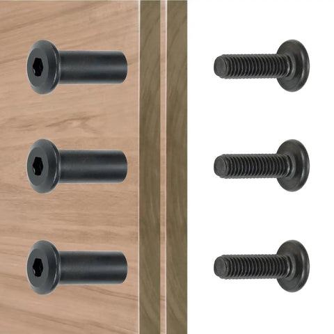 Twenty Five Piece M8x20mm Black Furniture Bolts Cabinet Connector Screws Barrel Nuts Carbon Steel Hardware Kit on wood panels.