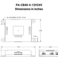 Four Channel Hall Effect Linear Actuator Control Box Featuring Synchronous Motion Sync And Dead Simple Plug And Play Setup For No Sweat 12 Volt DC Or 24 Volt DC Projects dimensions illustration.