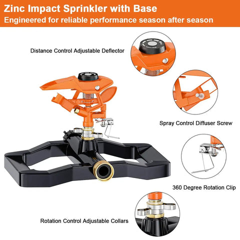 Illustration of Heavy Duty Pulsating Impact Sprinkler For Yard with labeled parts, showing all-metal base and zinc alloy construction.