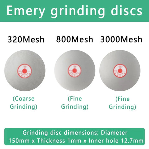 Emery grinding discs for Built Tough Electric Wet Bench Sander And Pro Dry Grinder, showcasing 320, 800, and 3000 mesh sizes.