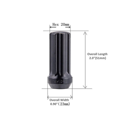 Tough As Nails Black Lug Nuts Set Of 24 For Custom Rims M14X1.5 Metric Thread Conical 60 Degree Seat showing dimensions and hex size 20mm.