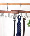 Solid Wooden Closet Organizer Dual Pack Featuring Eight Smooth Stainless Steel Hooks To Keep All Your Fave Scarves And Neckties Looking Crisp Without The Hassle, displaying two racks with ties and belts.