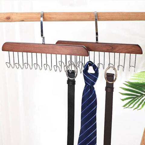 Solid Wooden Closet Organizer Dual Pack Featuring Eight Smooth Stainless Steel Hooks To Keep All Your Fave Scarves And Neckties Looking Crisp Without The Hassle, displaying two racks with ties and belts.
