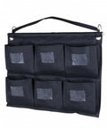 Slick Heavy Duty Six Pocket Hanging Closet Organizer With Reinforced Carry Handle And Breathable Storage Slots For Streamlined Wardrobe Sorting And Daily No Stress Organization In Matte Black, front view.