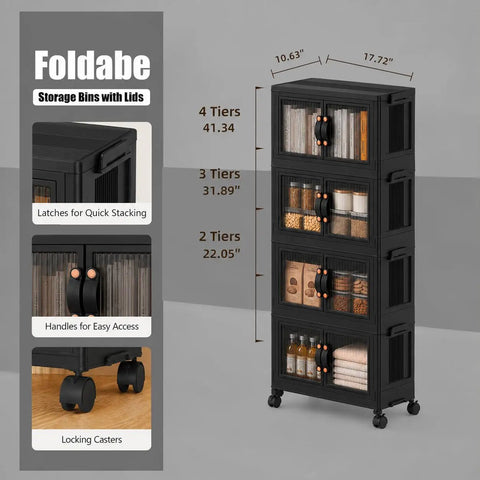 Heavy Duty Fold Flat Storage Bins With Slick Dual Front Door Access And Secure Lids Built Different Stackable Plastic Organizer Totes For Your Garage Office Pantry Or Home Gear Setup 4 Pack Black Nine Gallon Capacity Each, showcasing 4-tier design and clear access features.