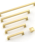 Top Shelf Brushed Gold Cabinet Pulls 10 Pack With Trim Down Screws For Kitchen Drawers Modern Deco Style Slick Satin Finish Zero Hassle Install Fresh Home Glow Up 5 Inches On Center, showcasing different sizes of cabinet handles.