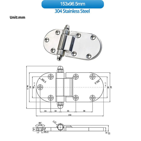 Rock Solid Heavy Duty Hinge One Piece Load Bearing Door Bracket 153 By 96 Point 5 Millimeters showing detailed dimensions in 304 stainless steel.
