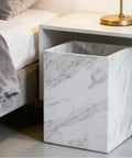 Lux Marble Wastebasket Real Stone Trash Can Rectangular Luxury Durable Bathroom Home Office Living Room Garbage Container Sleek White Marble Look Easy Clean Finish next to bed