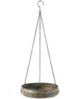 Image of a hanging bird bath for outdoors with metal bowl and stable triple chain design, powder coated for rust proof durability.