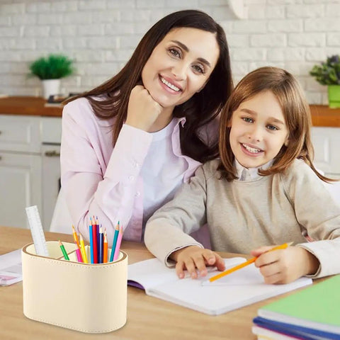 PU Leather Desk Organizer Caddy With Two Compartments Remote Control Holder Pencil Cup Makeup Brush Holders on desk