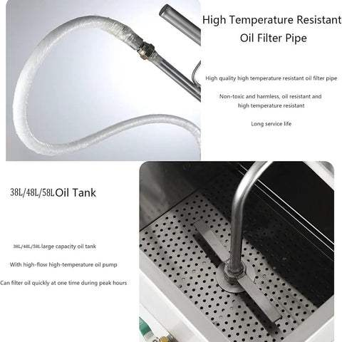 High temperature resistant oil filter pipe and 38L oil tank for Commercial Kitchen Oil Filtration Machine with 60L Large Capacity Tank And 360 Degree Wheels Restaurant Cooking Fryer Filter Cart For Busy Kitchens.