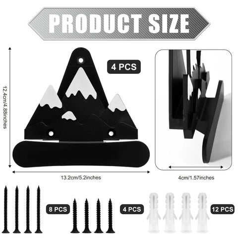 Sturdy Snowboard Wall Mount Racks Hold Four Boards Securely for Garage or Bedroom Displays with Heavy Duty ABS Holders and Skateboard Storage Hooks to Keep Your Shred Game Strong and Clutter Free, showing dimensions and mounting accessories.