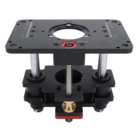 Rock Solid Router Lifting System With Slick Crank Adjustment, sturdy aluminum alloy router riser shown from above.