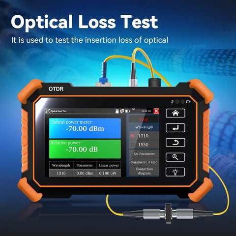 Rock Solid OTDR Optical Fiber Tester Featuring No Fuss Quick Setup And Hella Precise 1310Nm 1550Nm Wavelength Measurement for optical loss testing on a handheld device.
