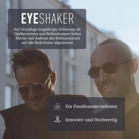 Two men wearing sunglasses outdoors with an EYESHAKER branding overlay.