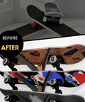 Five Tier Skateboard Wall Mount Rack With Rustic Wood And Black Steel Hooks For Tight Garages showing before and after usage.