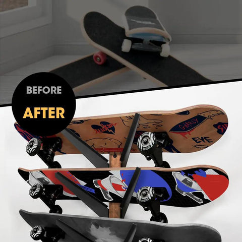 Five Tier Skateboard Wall Mount Rack With Rustic Wood And Black Steel Hooks For Tight Garages showing before and after usage.
