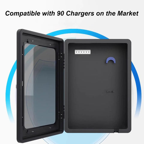 Inside view of Tough As Nails Lockable EV Charger Pedestal Box with open door, showcasing compatibility with 90 chargers.