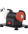 Premium Heavy Duty Handyman Approved Mini Electric Sander And Rock Solid Tabletop Bench Grinder For Woodworking Polish Tasks Easy Desk Mount Grinding Wheel Kit Built For Weekend Warriors, black unit with dual grinding wheels.