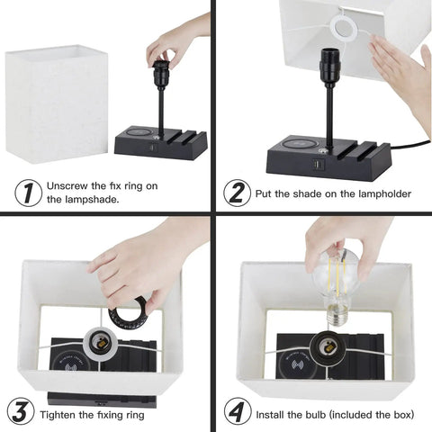 Step-by-step setup of Two Pack Bedside Lamps with Wireless Charging, USB A/C ports, AC outlet, and LED bulb installation.