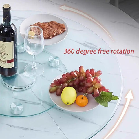 Glass Lazy Susan Turntable For Kitchen And Dining Table Featuring A Smooth Operator Spin with fruit and wine on a marble table