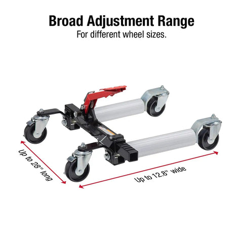 Heavy Duty 1500 Lb Wheel Dolly Rock Solid Ratchet Lift With Big Pedal showing adjustable dimensions for wheel sizes up to 28" long and 12.8" wide.