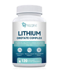 Front view of 120 capsule bottle labeled Lithium Orotate Complex with vitamins and adaptogens for cognitive support.