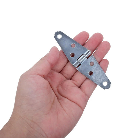 Rock Solid Heavy Duty Folding Door Hinges With Premium Polished Four Inch Iron Strap Construction Six Pack shown in hand.