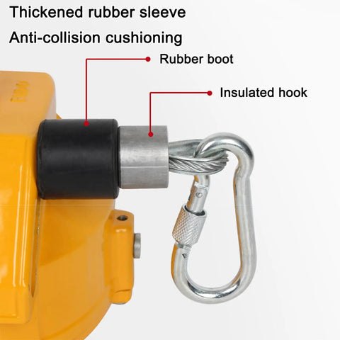 Heavy Duty Retractable Spring Balancer and Tool Holder with 1.5 Meter Wire Rope and Hook for Workshop and Auto Shop Adjustable Tension for 15 to 22 Kilogram Load Space Saving Hanging Equipment close-up of rubber sleeve and insulated hook