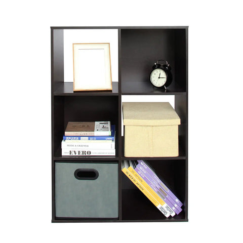 Six Cube Storage Organizer Featuring Hella Sturdy Heavy Duty Particleboard Shelves For Living Room Bedroom And Study Quick Setup Bookcase Rack In Rich Dark Brown with books and storage bins.