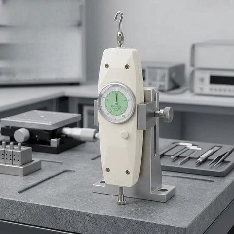 Dead On Reliable Analog Push Pull Force Gauge 500N Dial Meter No Batteries Needed Bully Proof Abs Body on workshop table.