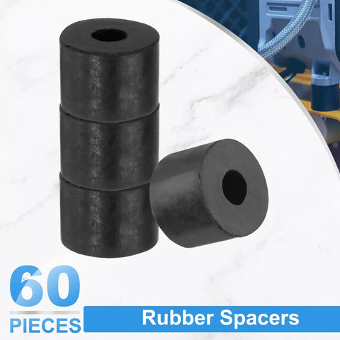 60 Piece Tough As Nails Rubber Spacers For Anti Vibration Bushings 14Mm OD 5Mm ID 10Mm Thick, black rubber bushings stacked for machinery use.