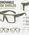 Solid Z87 Compliant Safety Glasses Featuring Kickass Photochromic Transition Lenses With Slick Removable Side Shields For Heavy Duty Impact Protection And Smooth UV400 Anti Blue Light Filters, showing removable side shields.