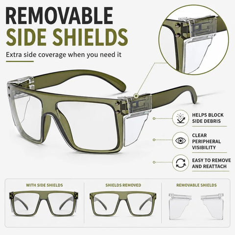 Solid Z87 Compliant Safety Glasses Featuring Kickass Photochromic Transition Lenses With Slick Removable Side Shields For Heavy Duty Impact Protection And Smooth UV400 Anti Blue Light Filters, showing removable side shields.