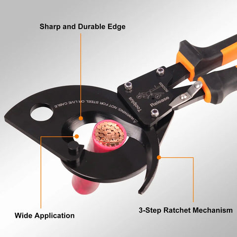 Built Tough Ratcheting Cable Cutter For 750MCM Copper And 1000MCM Aluminum Heavy Duty Wire Cutter close-up cutting copper cable