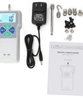 Pro Grade Workhorse Digital Force Gauge Portable Push Pull Tester Meter With 100N Range and Rock Solid Build Big LCD Display with accessories.