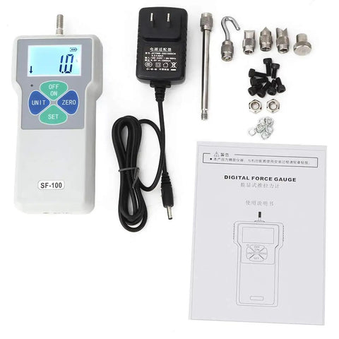 Pro Grade Workhorse Digital Force Gauge Portable Push Pull Tester Meter With 100N Range and Rock Solid Build Big LCD Display with accessories.