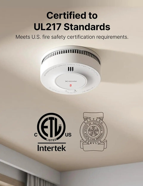 Top Shelf 6 Pack Interconnected Smoke Detectors With 10 Year Battery Linkable Fire Alarms For Whole House Coverage Easy Setup ETL Tested, mounted smoke detector with safety certifications.