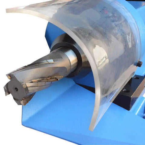 Heavy Duty 1.5 HP Electric Pipe Notcher With V Block Rotary Vise For Copper Steel Tubing showing close-up of cutting tool and protective cover.
