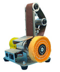 Premium Mini Tabletop Vertical Sanding Belt Polishing Machine with 304 stainless steel body and copper motor for polishing.