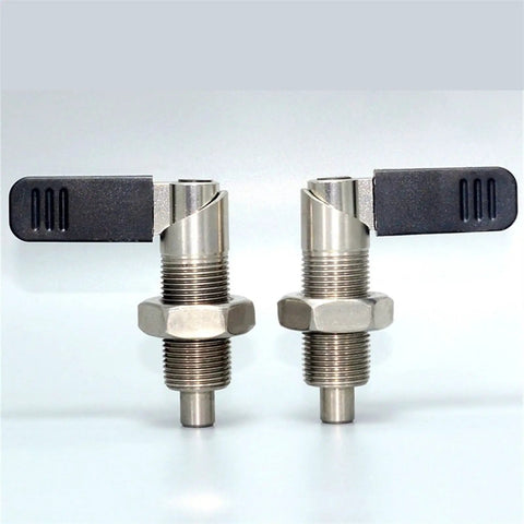 Heavy Duty Lever Indexing Plunger Pin With M20x1.5 Fine Thread And Snug Compression Spring Stays Dead Nuts Secure At 180 Degrees, steel body, dual angles.