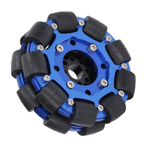 4-inch aluminum alloy robot wheels with omnidirectional hub components, black silicone wheels, and blue metal frame for DIY robots.