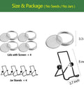 Image showing Sprouting Lids and Adjustable Jar Stands Kit for 86mm Wide Mouth Mason Jars, 4 stainless steel lids with screen, 4 stands.