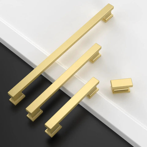 Real Solid 10 Pack 5 Inch 128Mm Brushed Gold Kitchen Cabinet Handles And Drawer Pulls For Cupboards Heavy Duty Hardware, featuring four pulls.