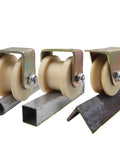 Badass Build H Type Linear Groove Roller Bearing Steel Core For Buttery Smooth Sliding Barn Door Wheels and Rock Solid Home Hardware Guide Tracks At Eighty MM Wide For Fast Snap In Install. Three steel core rollers installed on metal tracks.