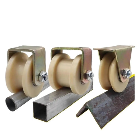 Badass Build H Type Linear Groove Roller Bearing Steel Core For Buttery Smooth Sliding Barn Door Wheels and Rock Solid Home Hardware Guide Tracks At Eighty MM Wide For Fast Snap In Install. Three steel core rollers installed on metal tracks.